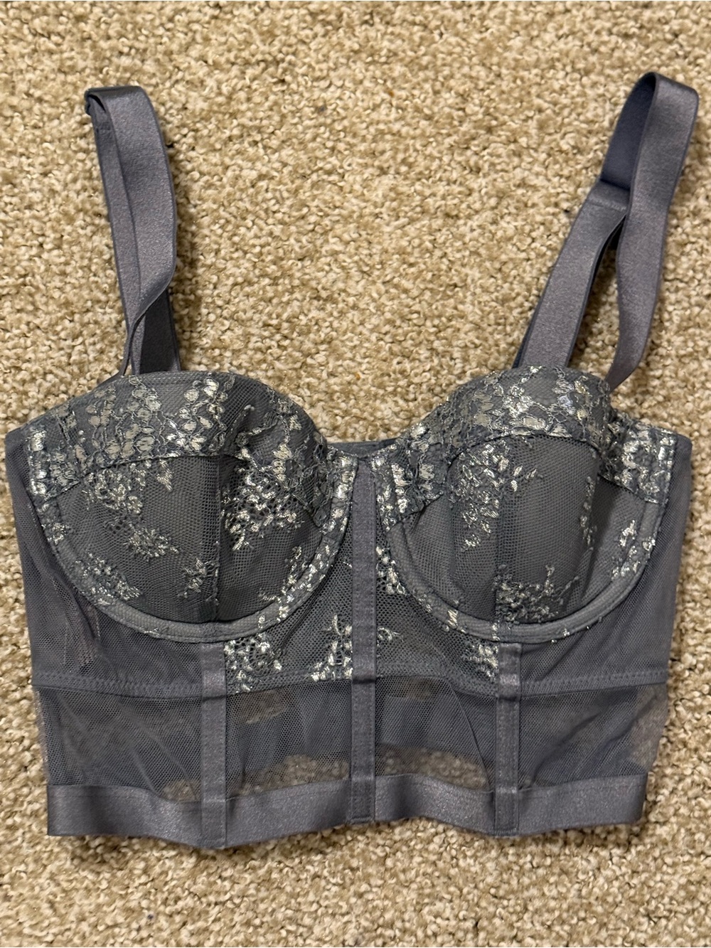 Lace Longline Bustier Bra in Charcoal Gray & silver